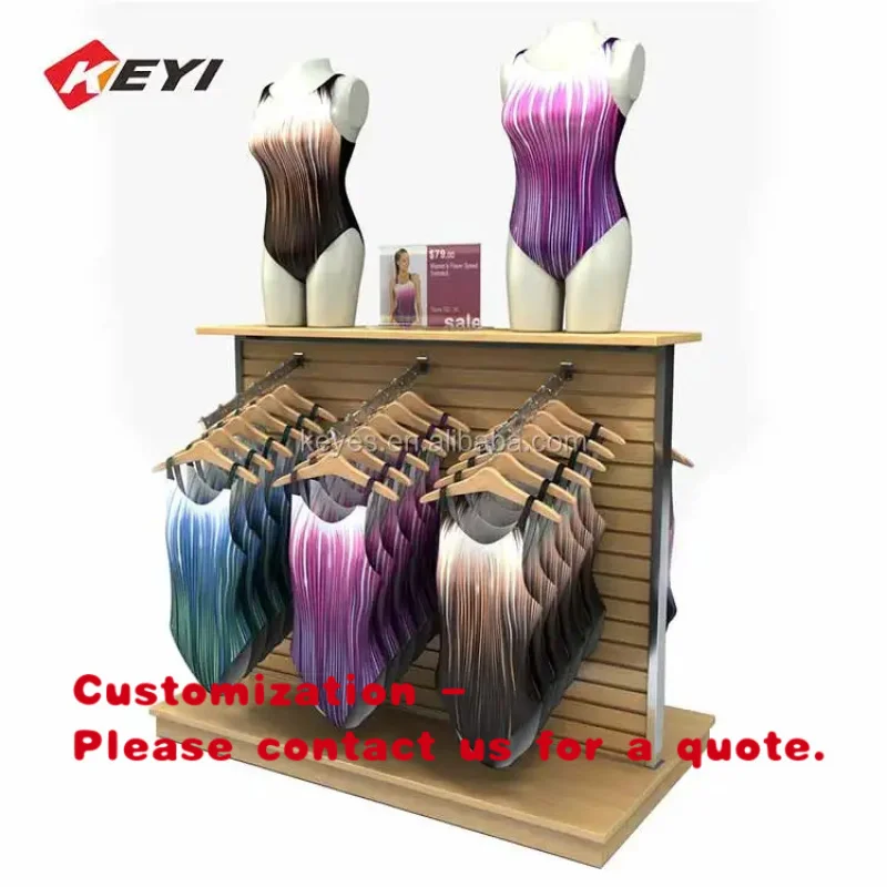 

custom.Two Sides Wooden Slat Wall Hook Display Stand Swimwear / Swimwear Display Racks