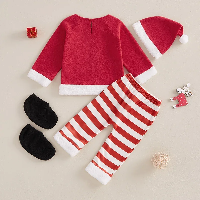 Toddler Baby Boys Girls Christmas Clothing Outfits Long Sleeve Patchwork Tops+ Striped Pants+ Hat+Shoes Covers Cosplay Costume