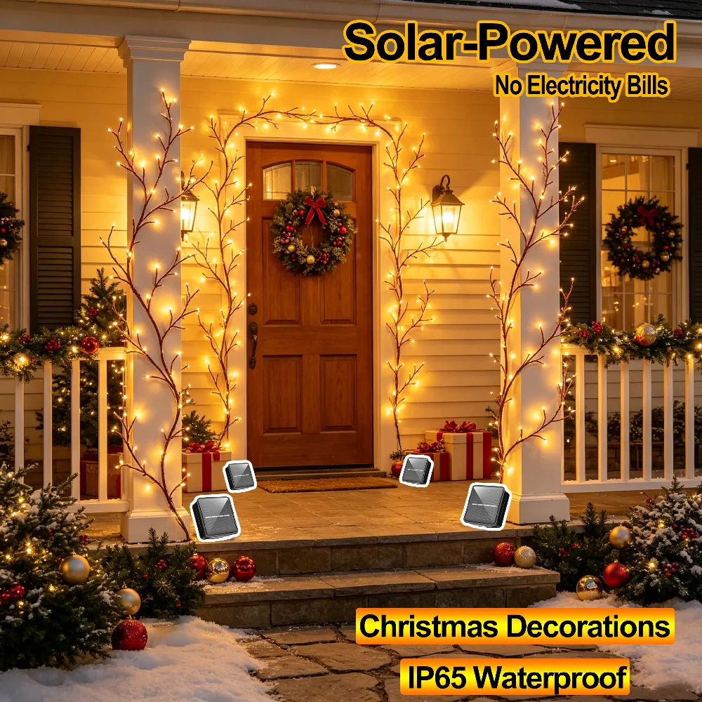 Solar-Powered Willow Branch String Lights 1.85M/72.83inch Flexible Fairy Lights for Indoor/Outdoor Decor Christmas Wall Decor