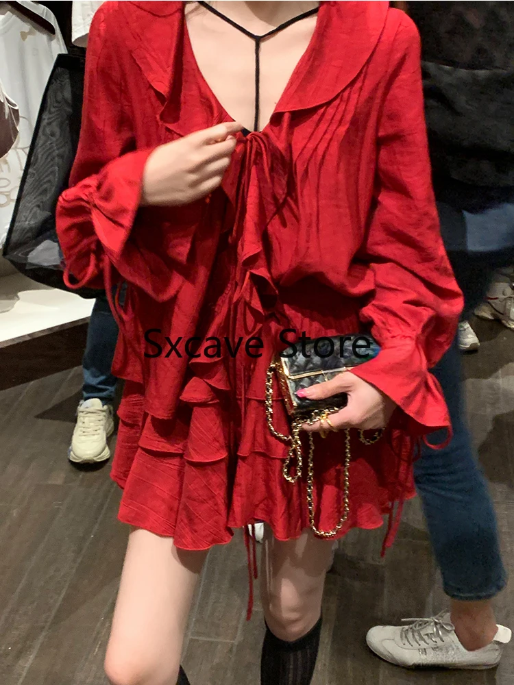 2023 Autumn Red 2 Piece Dress Set Women Casual V-Neck Y2k Crop Tops + Mini Skirts Even Party Clothing Korean Style Fashion Suits