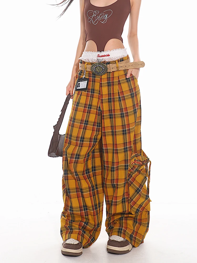 Checked Trousers Women Vintage Plaid Loose Cargo Pants Y2K Hip Hop Wide Leg Long Pants High Waist Straight Red Plaid Pants