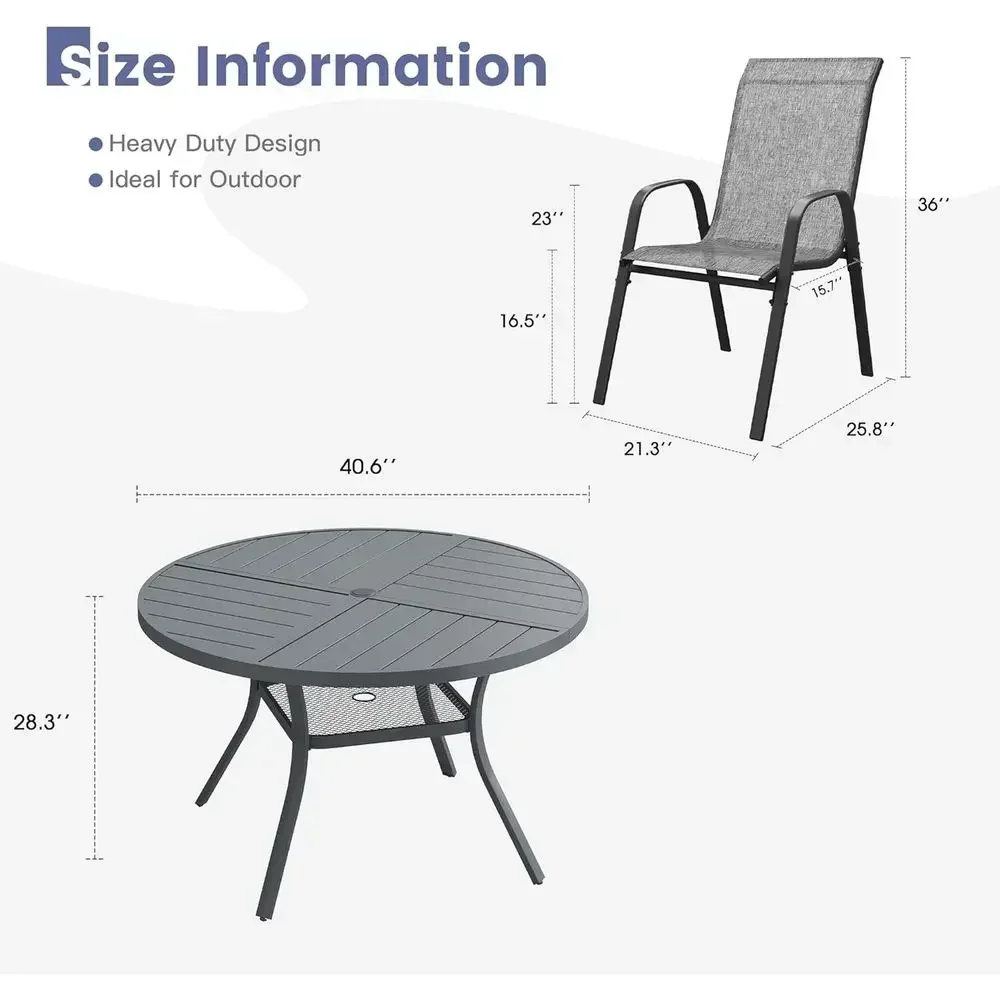 Grey Outdoor Patio Dining Set with 4 Stackable Chairs, Metal Slatted Table and Umbrella Hole