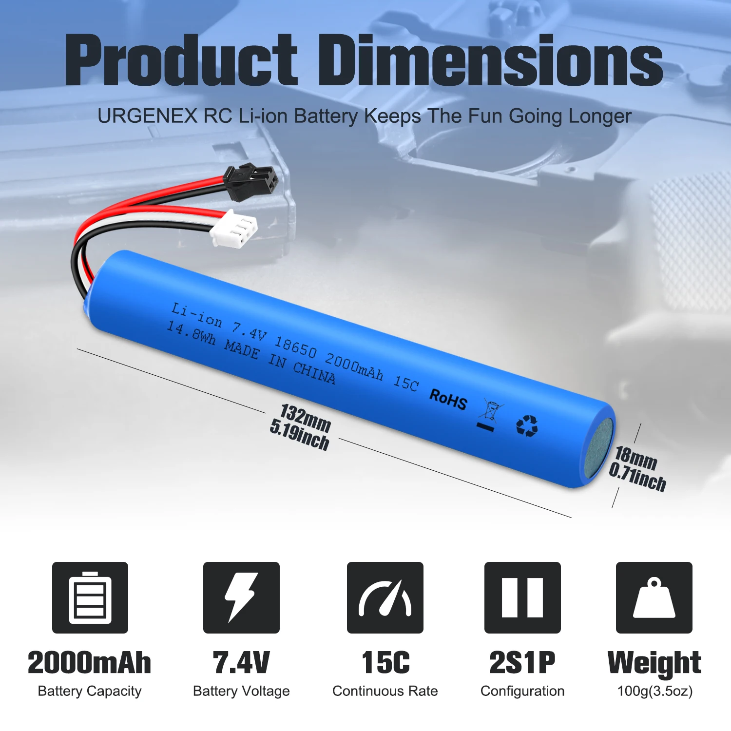 URGENEX Airsoft Battery 7.4V 2000mAh High Capacity Splatter Ball Gun Battery Pack with SM2P Plug Fit for SRB1200, SRB400, SRB400