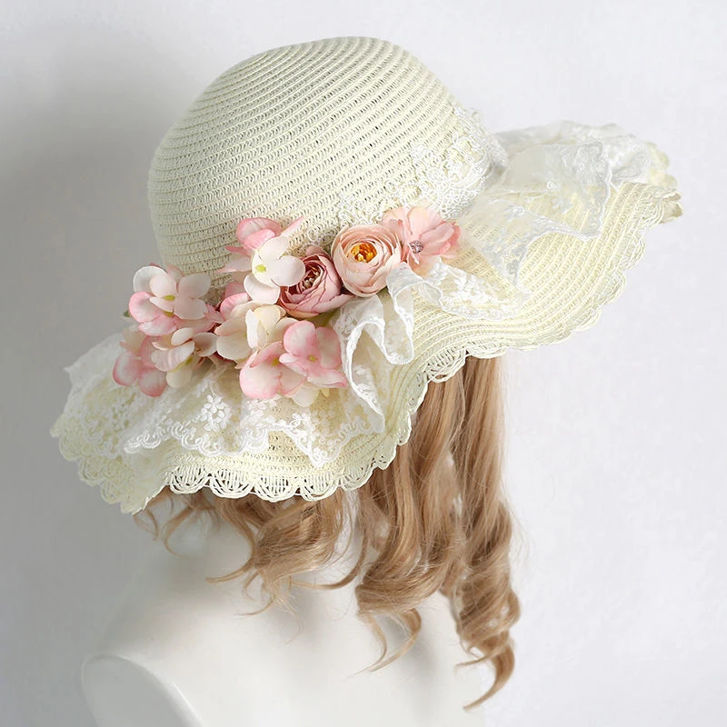 

Lolita Flower Flat Hat Weaving Hat Wedding Tea Party Pastoral Straw Hat Lace Travel Photos With Wide Hat Brim Covering The Sun