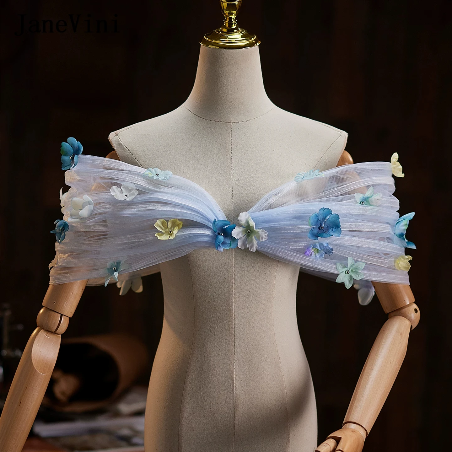 JaneVini Blue 3D Flower Off Shoulder Bridal Wrap Shawl Sheer Tulle Wedding Top Shoulder Shrug Floral Bolero Cover Up for Bride