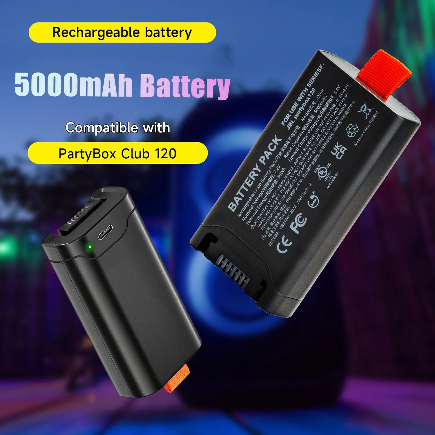 Replacement 5000mAh Battery For JBL Battery 200 Compatible For JBL PartyBox Club 120 Portable Speaker With Type-C Charging Part
