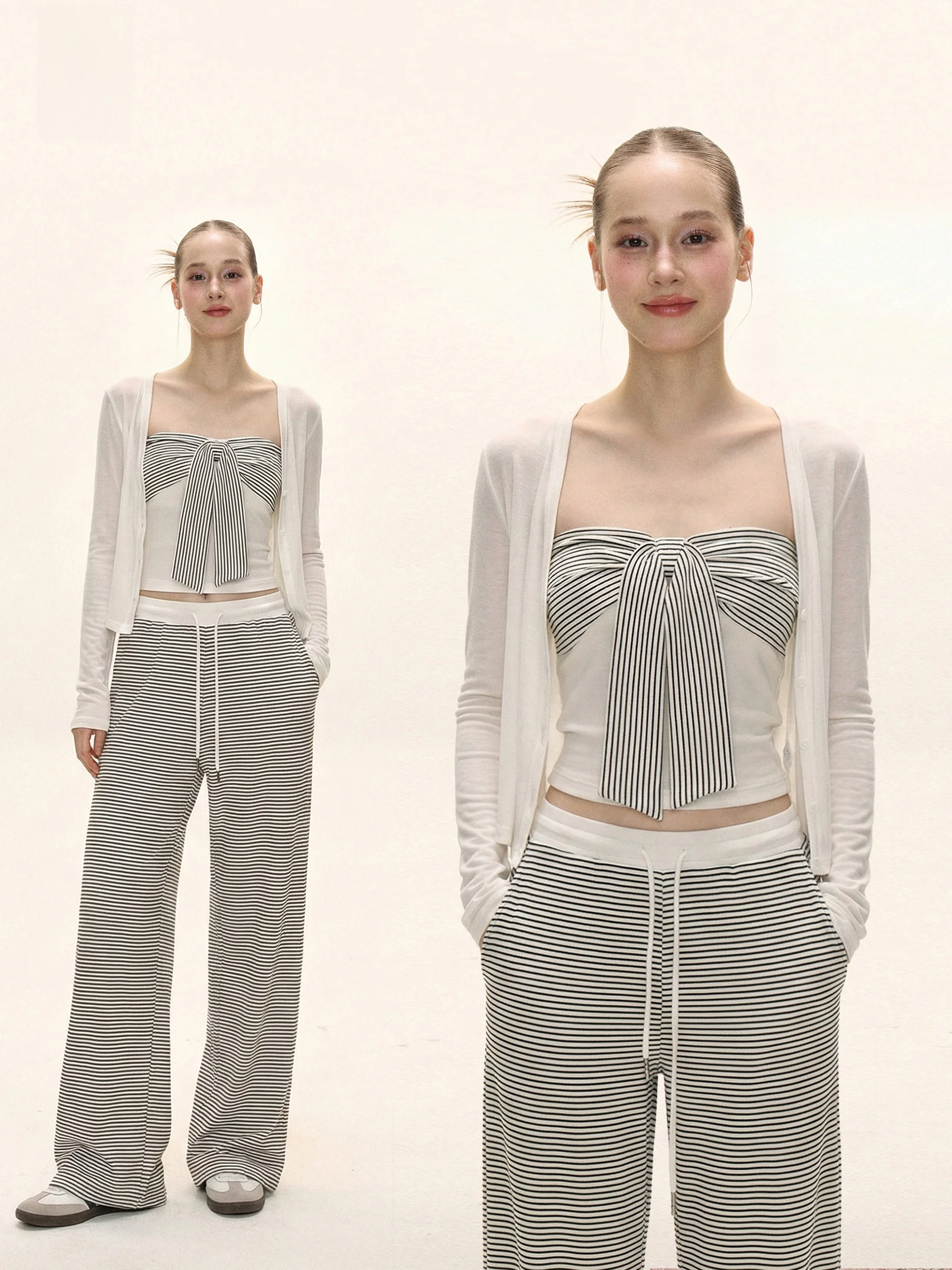 

American Casual Tee-Piece Set Women Summer White Thin Cardigan Striped Splicing Tube Top Straight Leg Pants Faion Ensemble