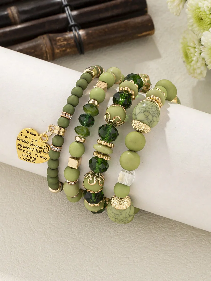 4-teiliges Boho-Armband-Set mit Kristallperlen und Kettendesign für Damen, Vintage-Herzanhänger, elastisches Armband, modischer Party-Schmuck für Frauen – Detail 19