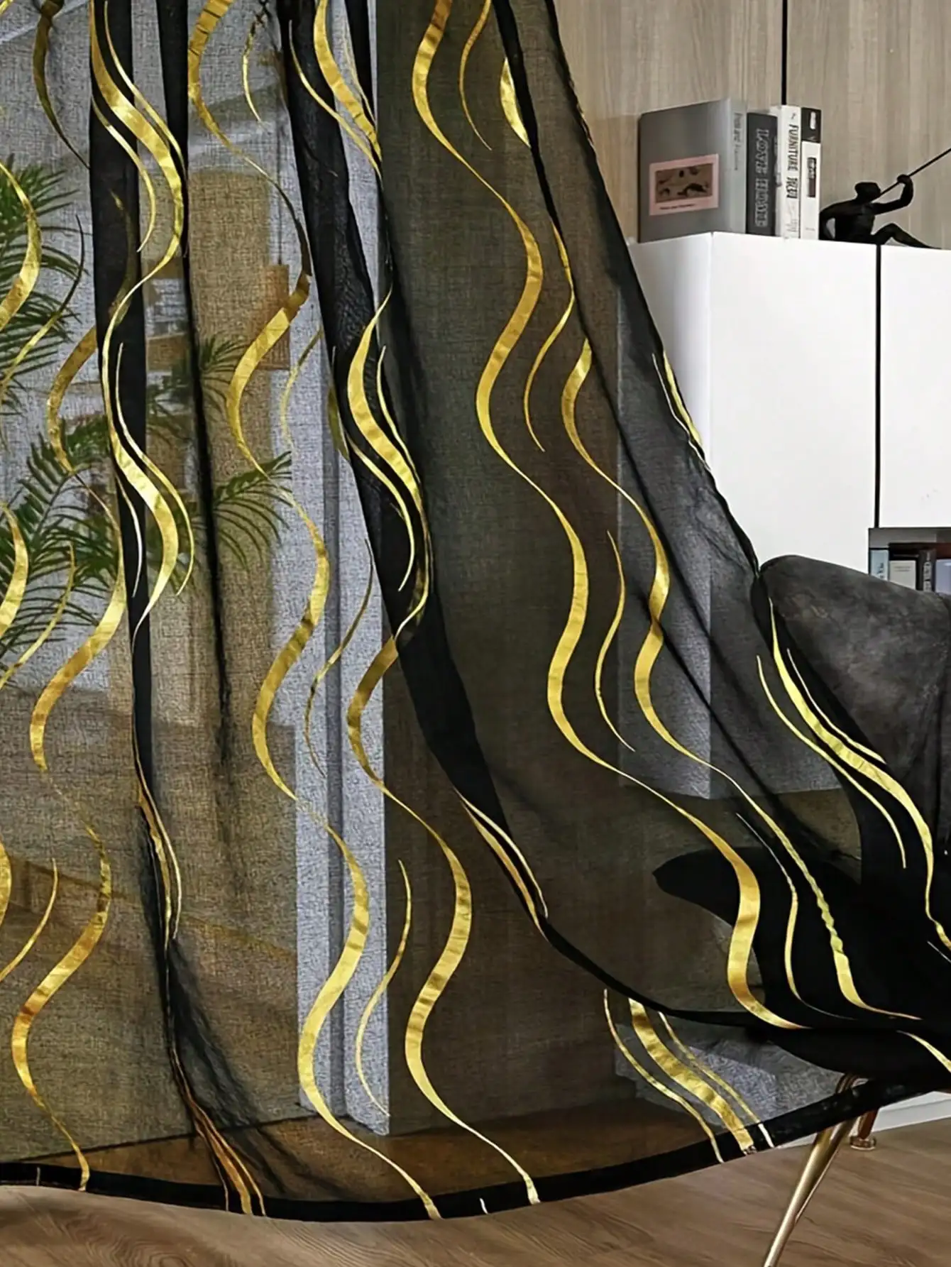 Black Gold Wave Gauze Curtain with Pole Pocket,Simple Home Decor for Bedrooms Studies Living Rooms