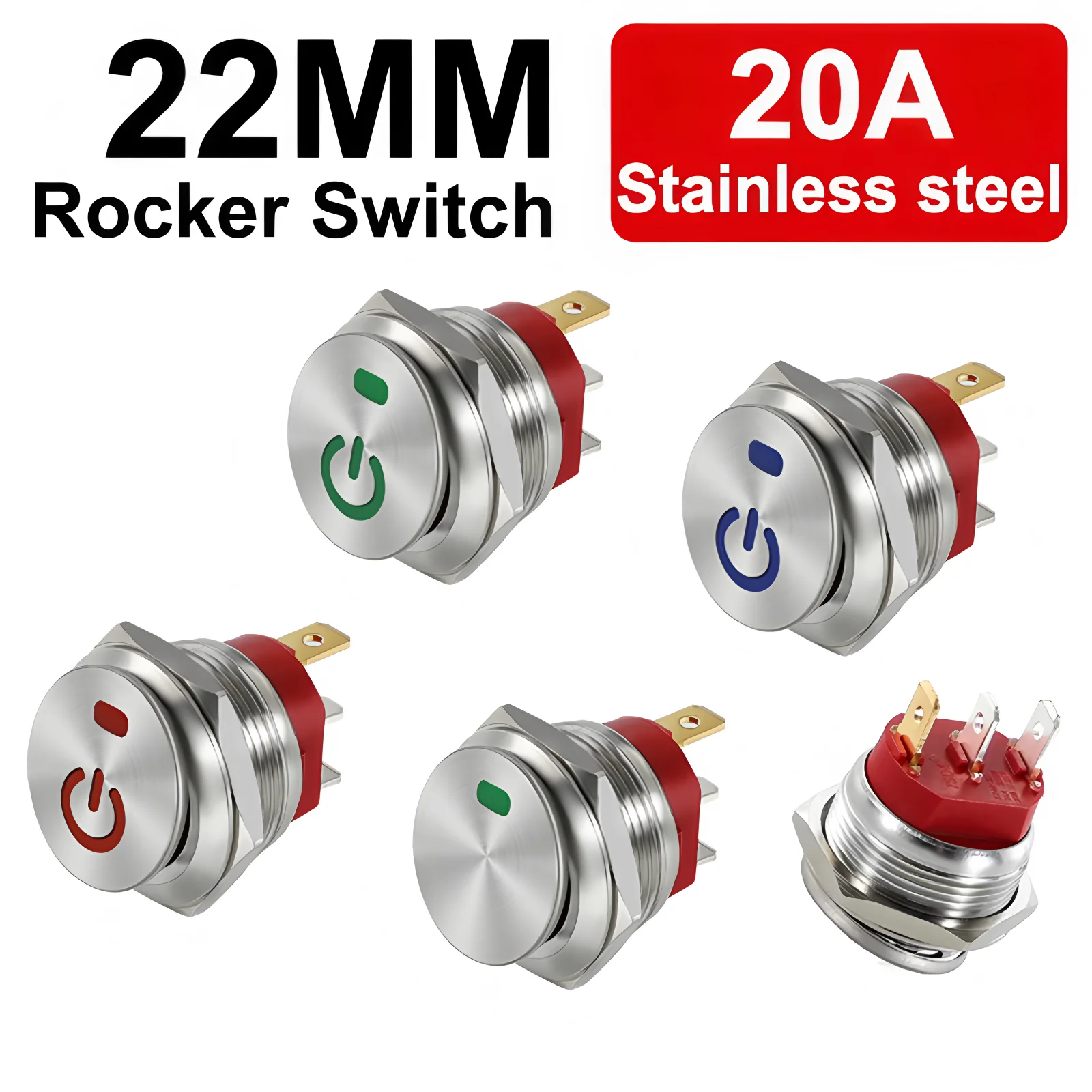 InterruptorbasculantedebotóndeMetalde22mm,aceroinoxidable,12V,20A,autobloqueo,dosposiciones,interruptoresdepalancaparacoche,ON-OFF,220V,15A,3pines