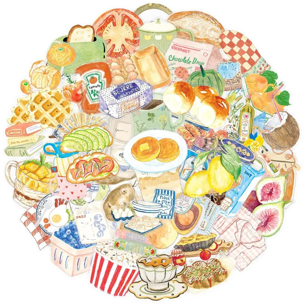 50Pcs Watercolor Cartoon Food Stickers, Transparent PET Waterproof Decals for Journal, Water Bottle DIY Decor
