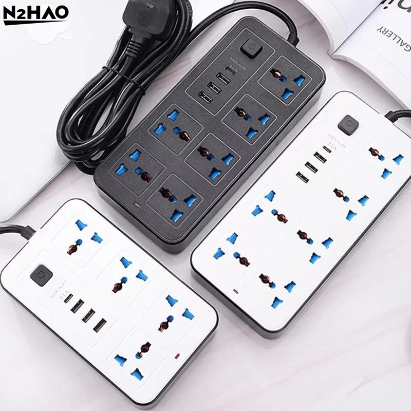 

1Pcs Universal Electrical Outlet 2 Meters Extension Cord EU Plug Power Strip Multicontact Socket With 3 USB 1 Type-C Port Charge