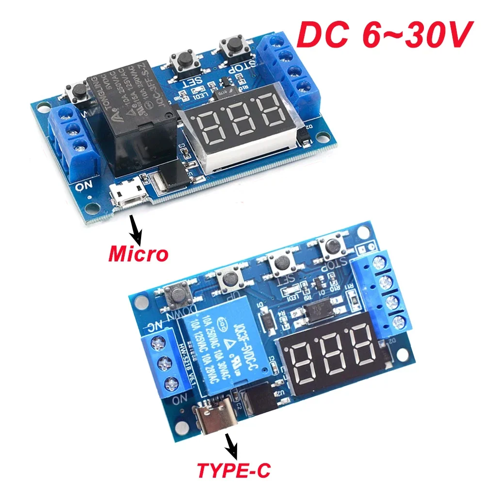 DC 6-30V Timer Relay Delay Relay Module Programmable Cycle Timer with LED Display TYPE-C / Micro USB Relays 6V 9V 12V 24V