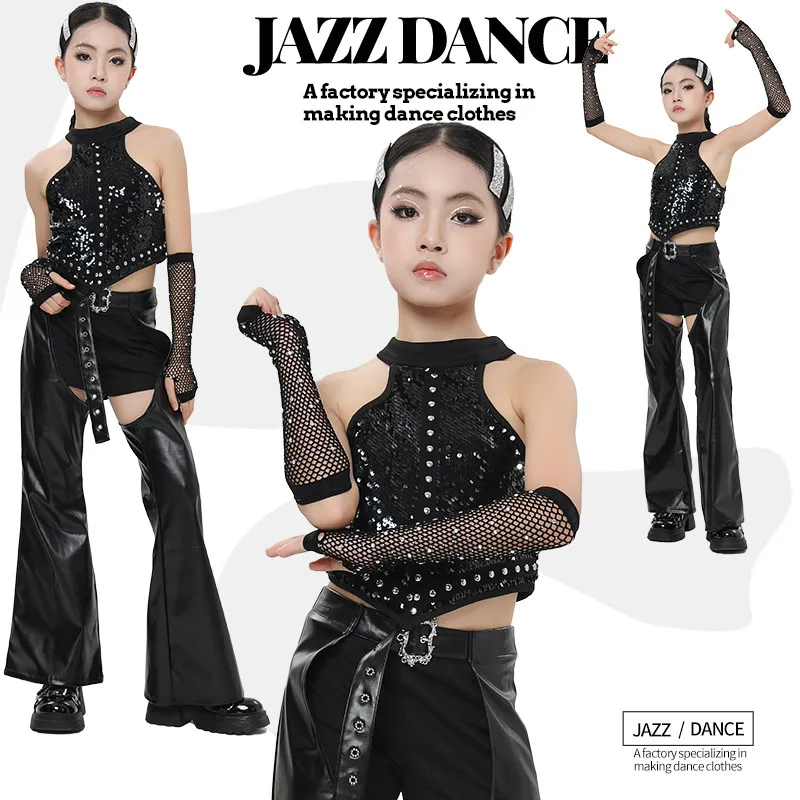 

Костюм для джазовых танцев 2026: топ с пайетками и заклепками, кожаные брюки с вырезами, для девочек, уличная одежда, хип-хоп, DQS22697