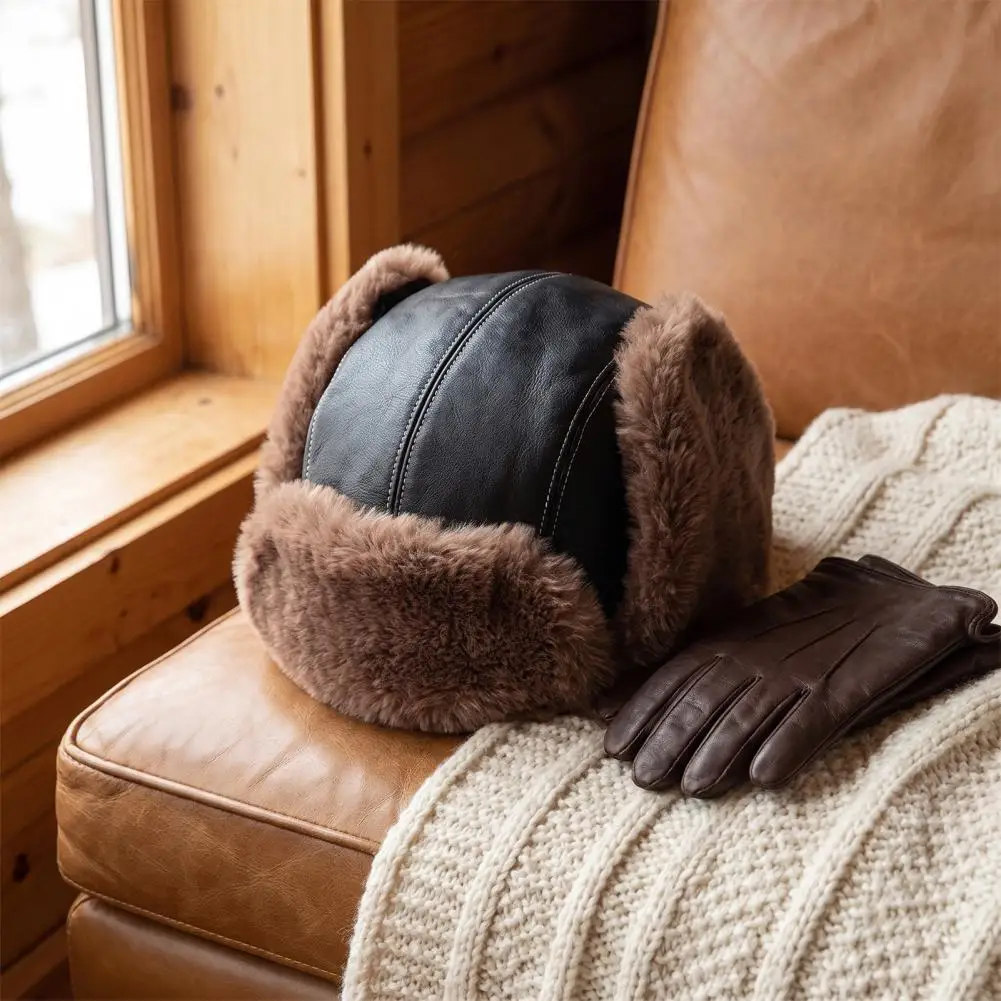 Leather Hat for Men Women Winter Trapper Hat with Ear Flaps Windproof Pu Leather Cap Thick Fleece Lined Fur Warmer for Men Women