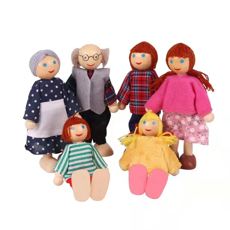 6Pcs Wooden Toys Set Happy Dollhouse Family Dolls Figures Dressed Characters Children Kids Playing Doll Gift Kids Pretend Toy