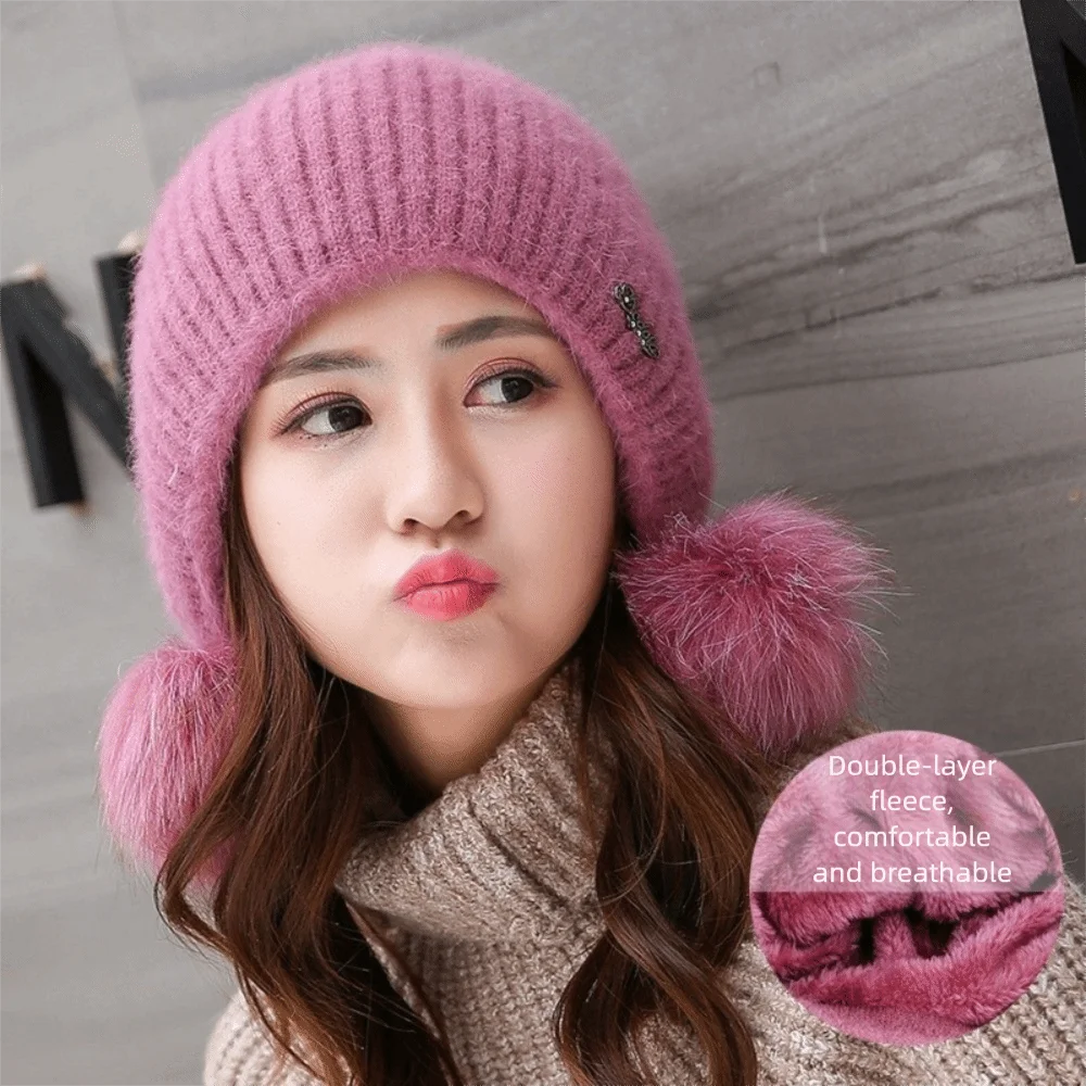 

Thickened Warm Knitted Hat Ear Protection Breathable Fur Pompom Beanies Hat Solid Color Comfortable Pullover Hat Outdoor