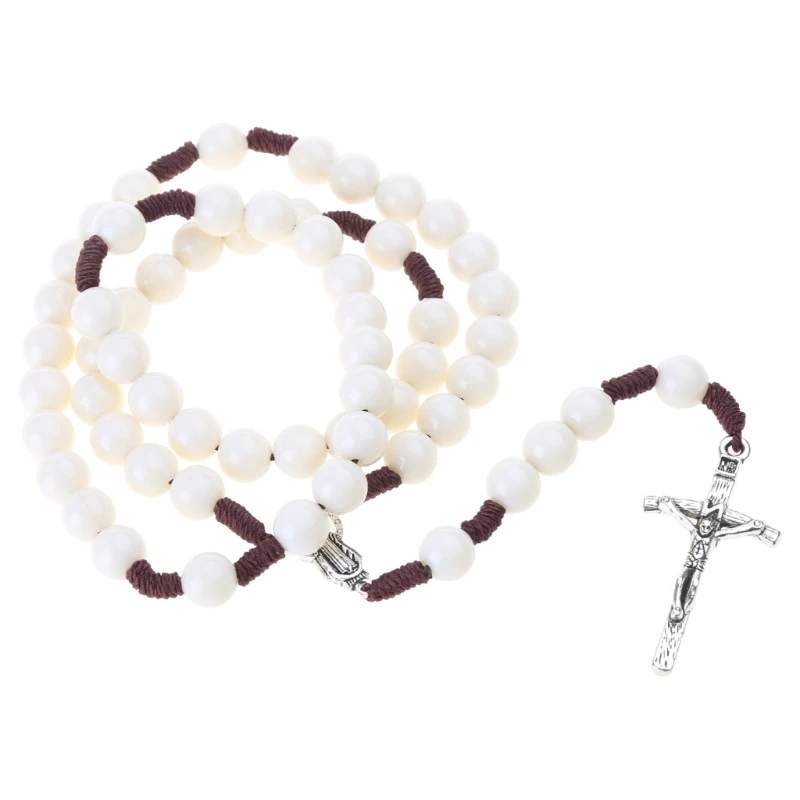 Handmade Round Acrylic Bead Rosary Necklace Catholic Religious for Cross Jesus Crucifix Pendant Necklaces for Men Women Jewelry