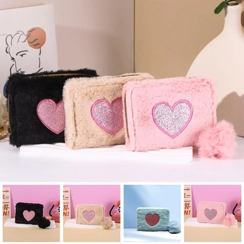 Women Mini Plush Embroidery Heart Short Wallet Coin Fluffy Pouch Holder Bag Clutch Credit Zipper Card Purse ID Mini Purse C G0Y9