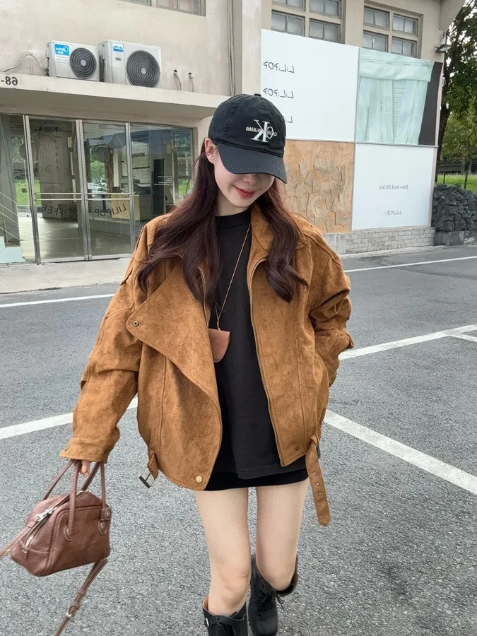 

plus Size Women's American Retro Brown Motorcycle Jaet Loose Autumn Winter New Sle Versatile Workwear Jaet Trendy Top