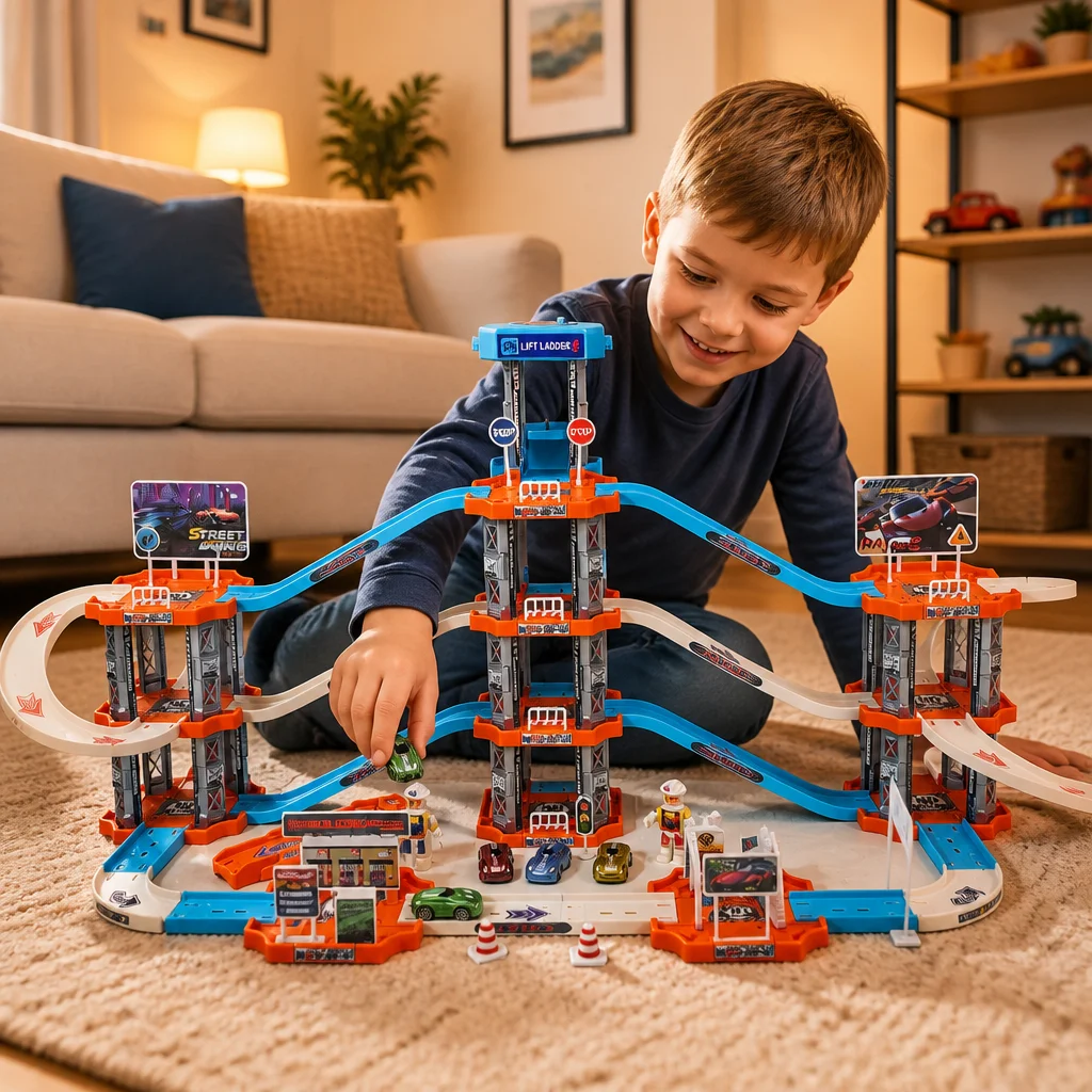 Boy's four story large parking lot building toy set with manual lift, children's rail car toy, birthday gift (random color)