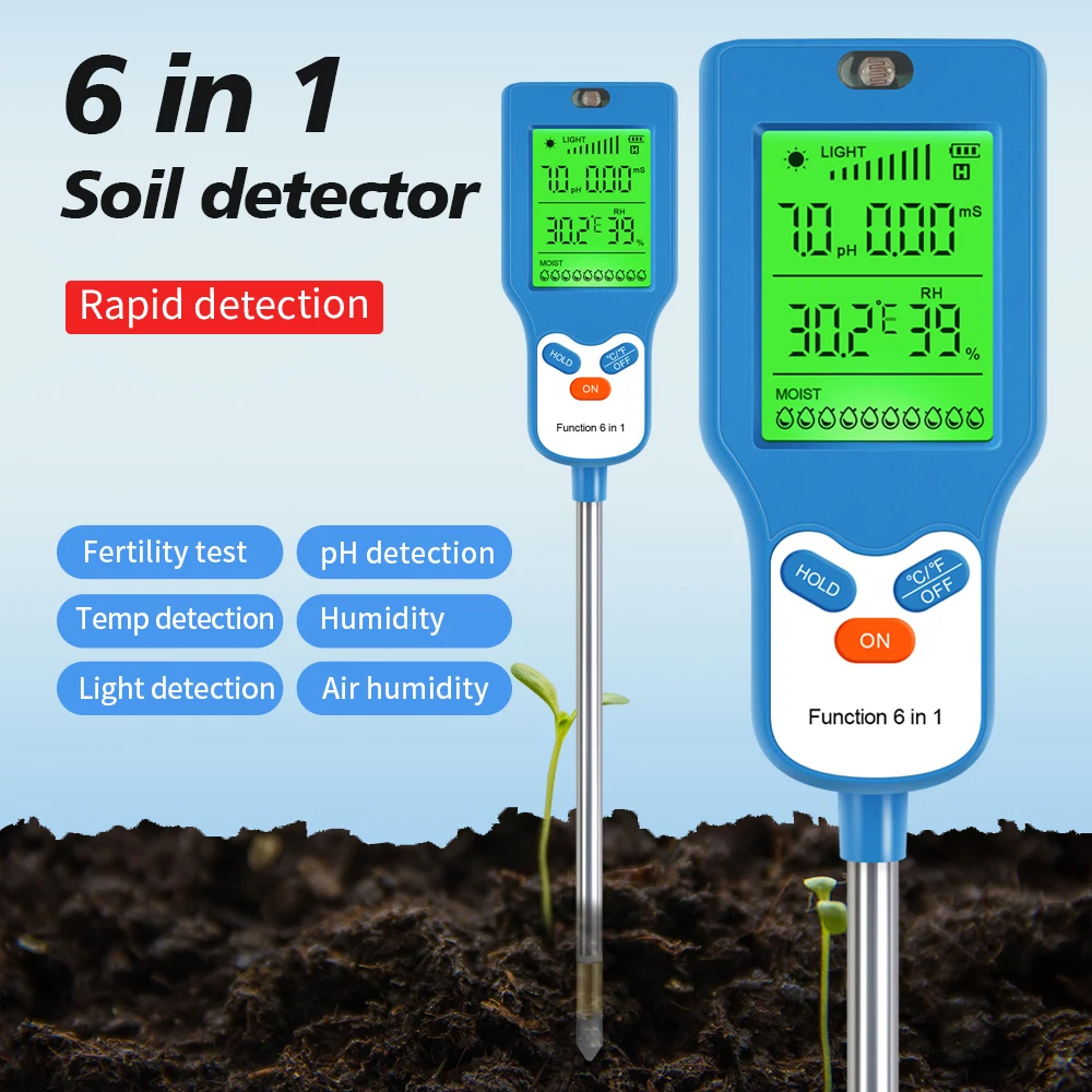 90° Rotation 6 in 1 Soil Meter Soil PH Tester Moisture Fertility Temperature Air Humidity Sunlight Light Detector for Garden