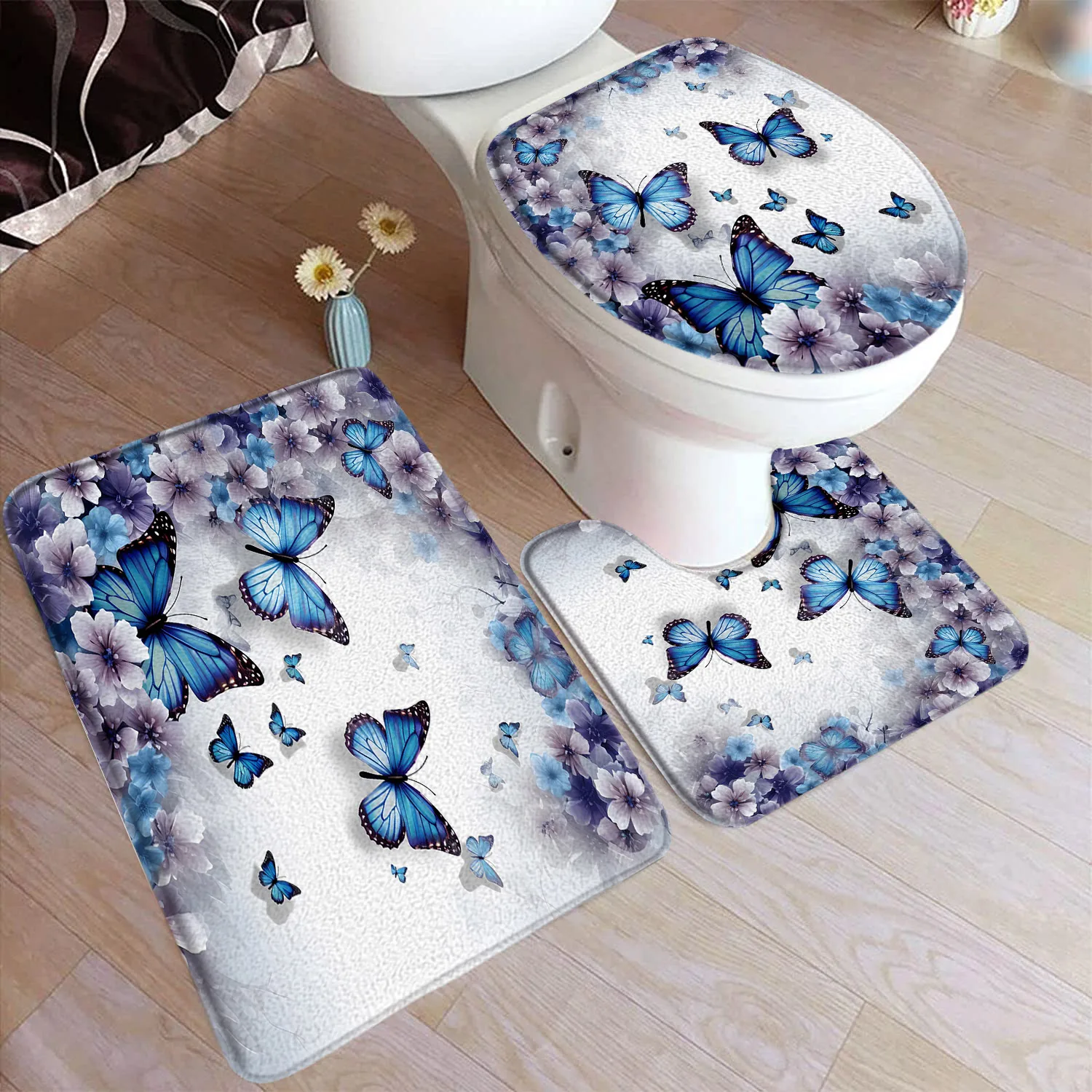 Floral Blue Butterfly Bath Mat Set Purple Flowers Butterflies Plant Flannel Home Bathroom Decor Non Slip Rugs Toilet Lid Cover