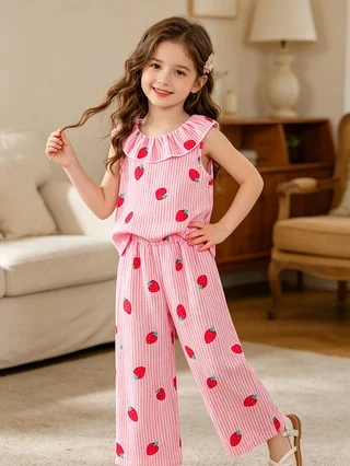 Girls Strawberry Print Sleeveless Set, Summer Ruffle Collar Tank Top & Striped Wide‑leg Pants, Girls Casual Loungewear 2‑Piece O
