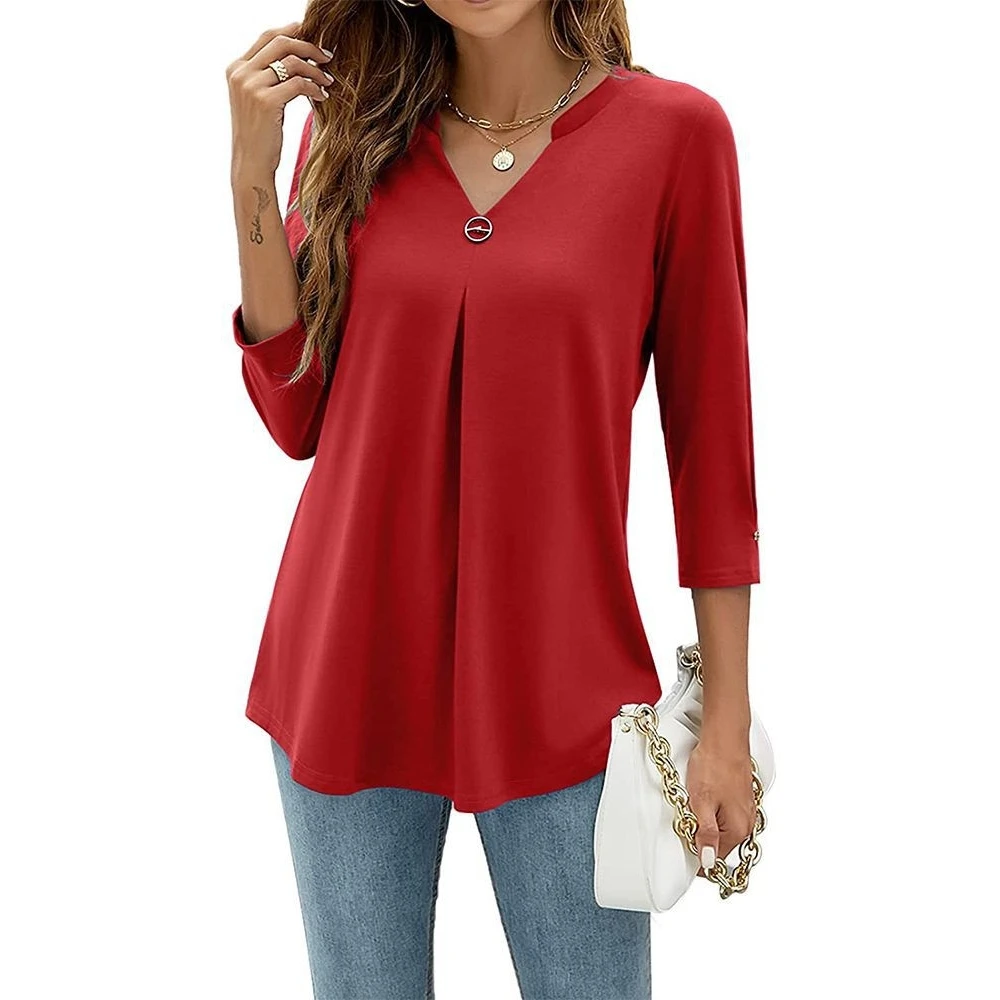 

Folded Sve V-ne T-irt Pure Color Button up Women's Top Asymmetrical Hemline Spring Faion Casual Silk Blend
