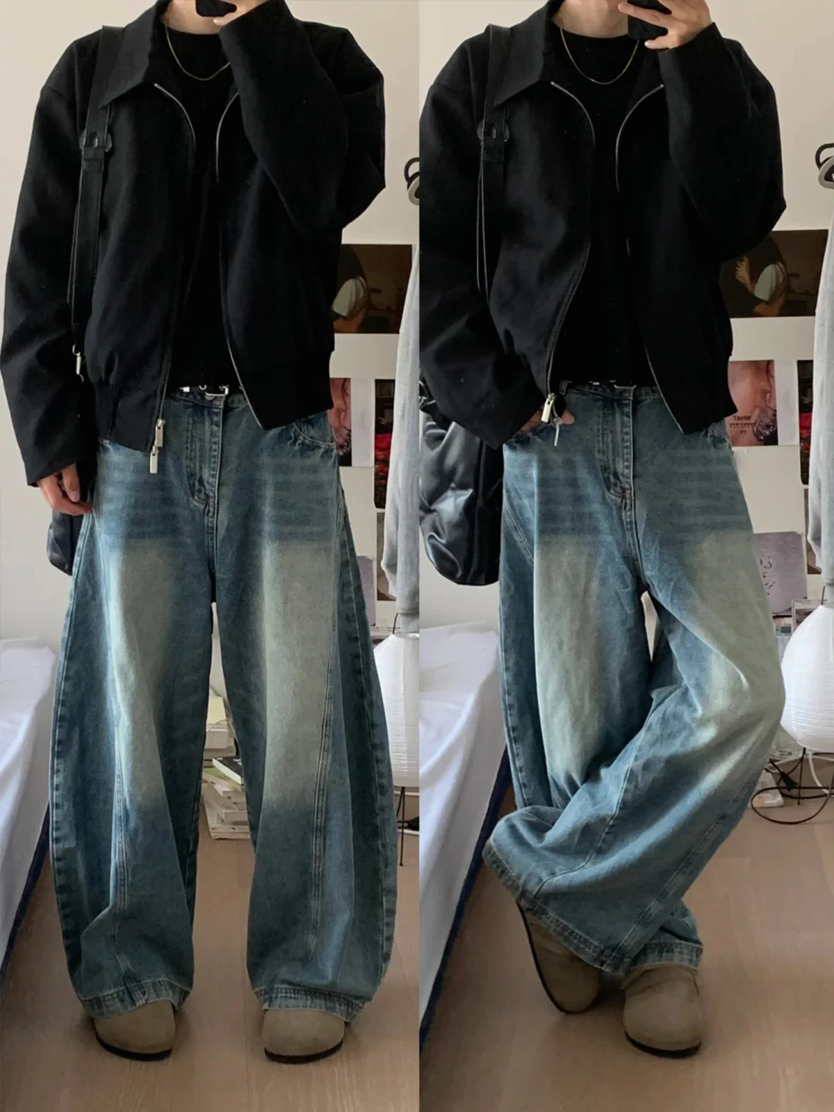 

Мужские джинсы в американском ретро-стиле, широкие, свободные, повседневные, с эффектом потертости, с высокой талией, прямые, длинные, весна-осень