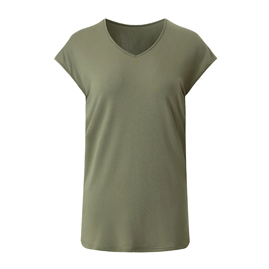 Immagine 4: Set di 4 magliette da donna a maniche corte con scollo a V in tinta unita, basic, sportive, da corsa, comode e versatili, casual e alla moda