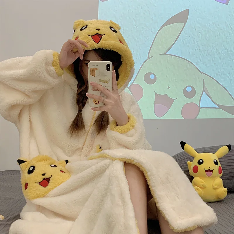 Pokemon Pikachu Pajama Robe Kawaii Anime Cartoon Girl Autumn Winter Coral Fleece Keep Warm Long Hooded Loungewear Pajamas New