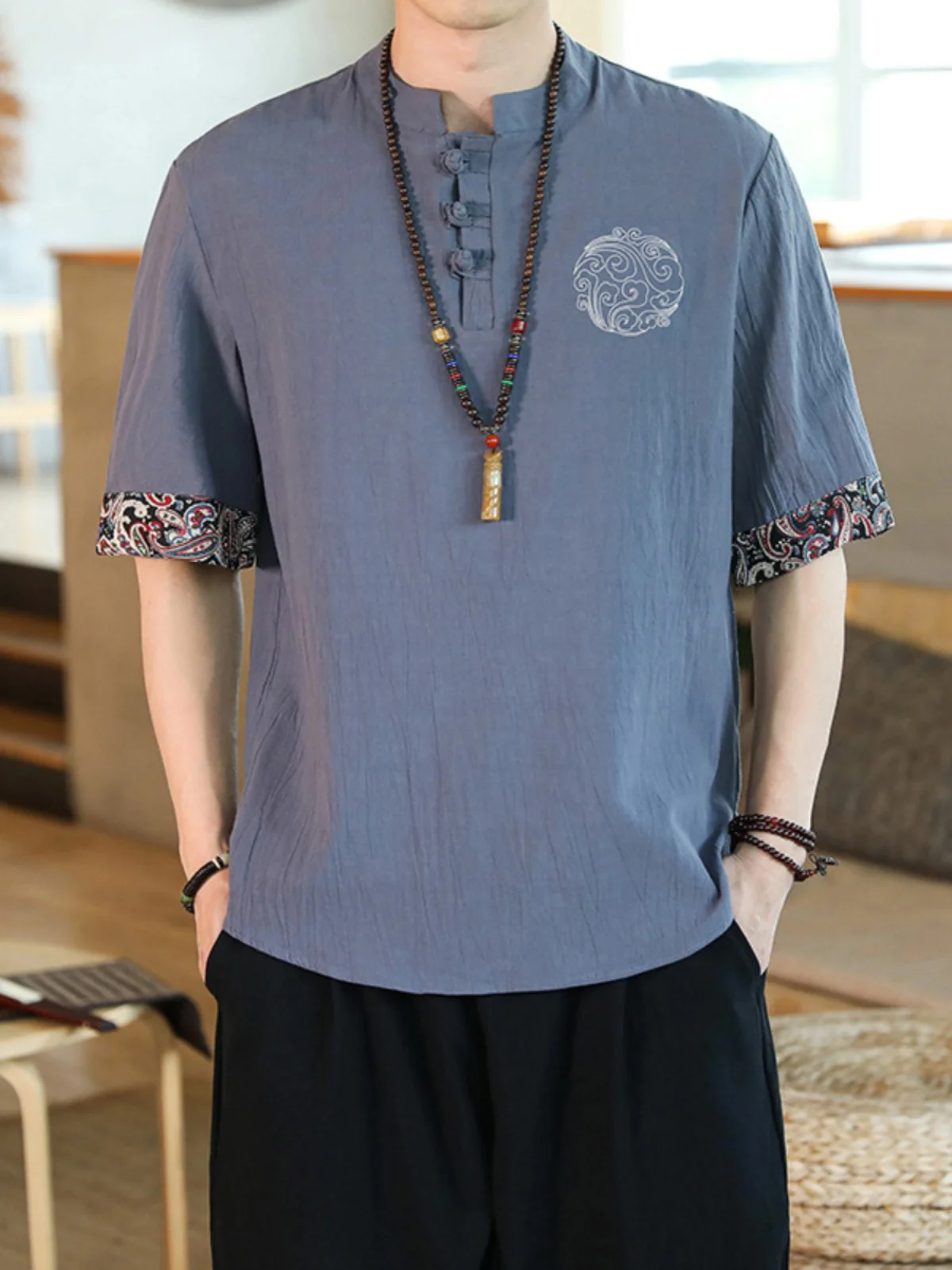 Chinese Sle Artistic Retro Button Cotton Linen ort Sve Men's Summer Top Zen Embroidery Tea Clothing Loose Fit T-irt