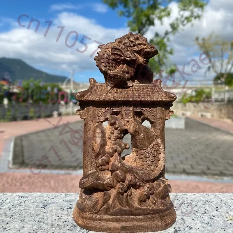 Hand-Carved Agarwood Carp Leaping Over Dragon Gate Sculpture - 5.5/7.9/10.6