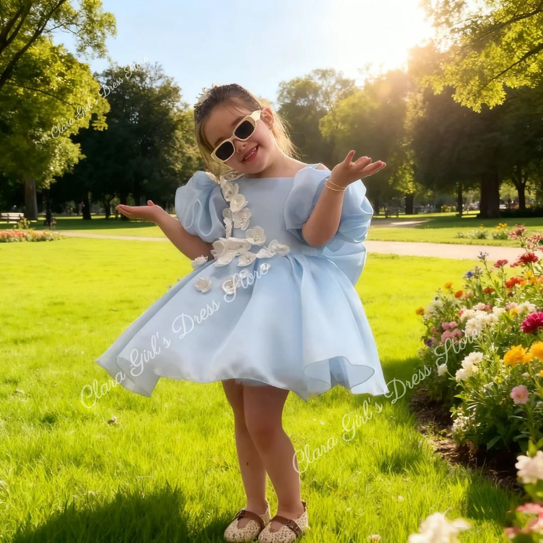라이트 블루 오간자 플라워 걸 드레스 스퀘어 넥 짧은 소매 A라인 스커트 맞춤형 생일 파티 첫 영성체