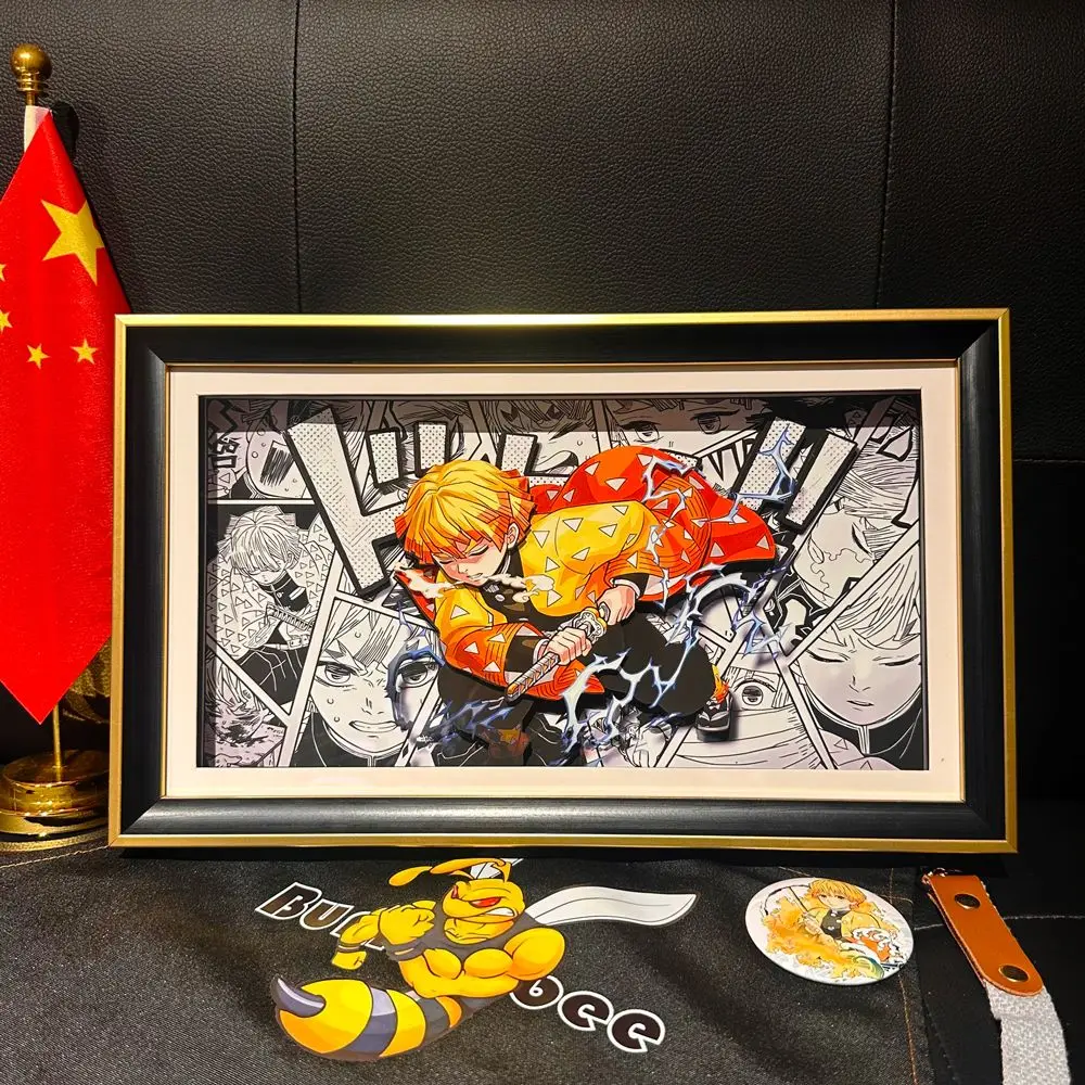 Demon Slayer Agatsuma Zenitsu 3D Paper Sculpture Art with Frame - Thunder Breathing Display, Birthday Gift for Anime Fans