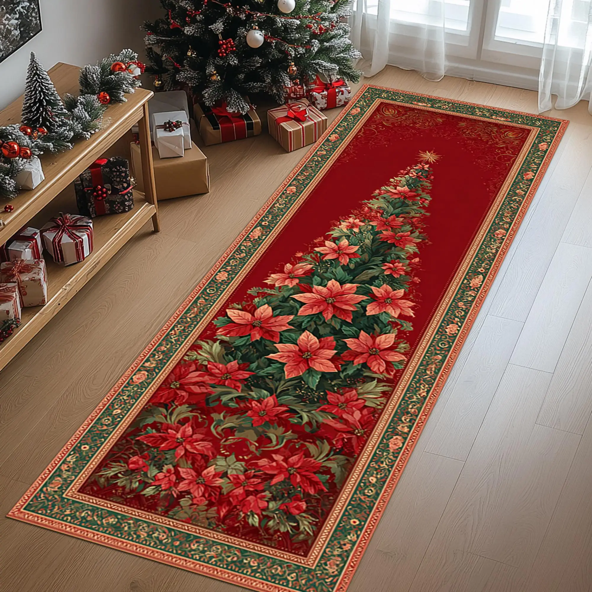 Vintage Santa Claus Christmas Gift Border graphics Runner Rug,Corridor,Entryway,Kitchen,Non Slip Runner Rug,Christmas Home decor