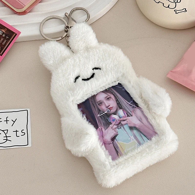3 Inch Cute Cartoon Bear Rabbit Plush Photocard Holder Korea Idol Photo Holder Girl Cute Keychain ID Credit Protector Stationery