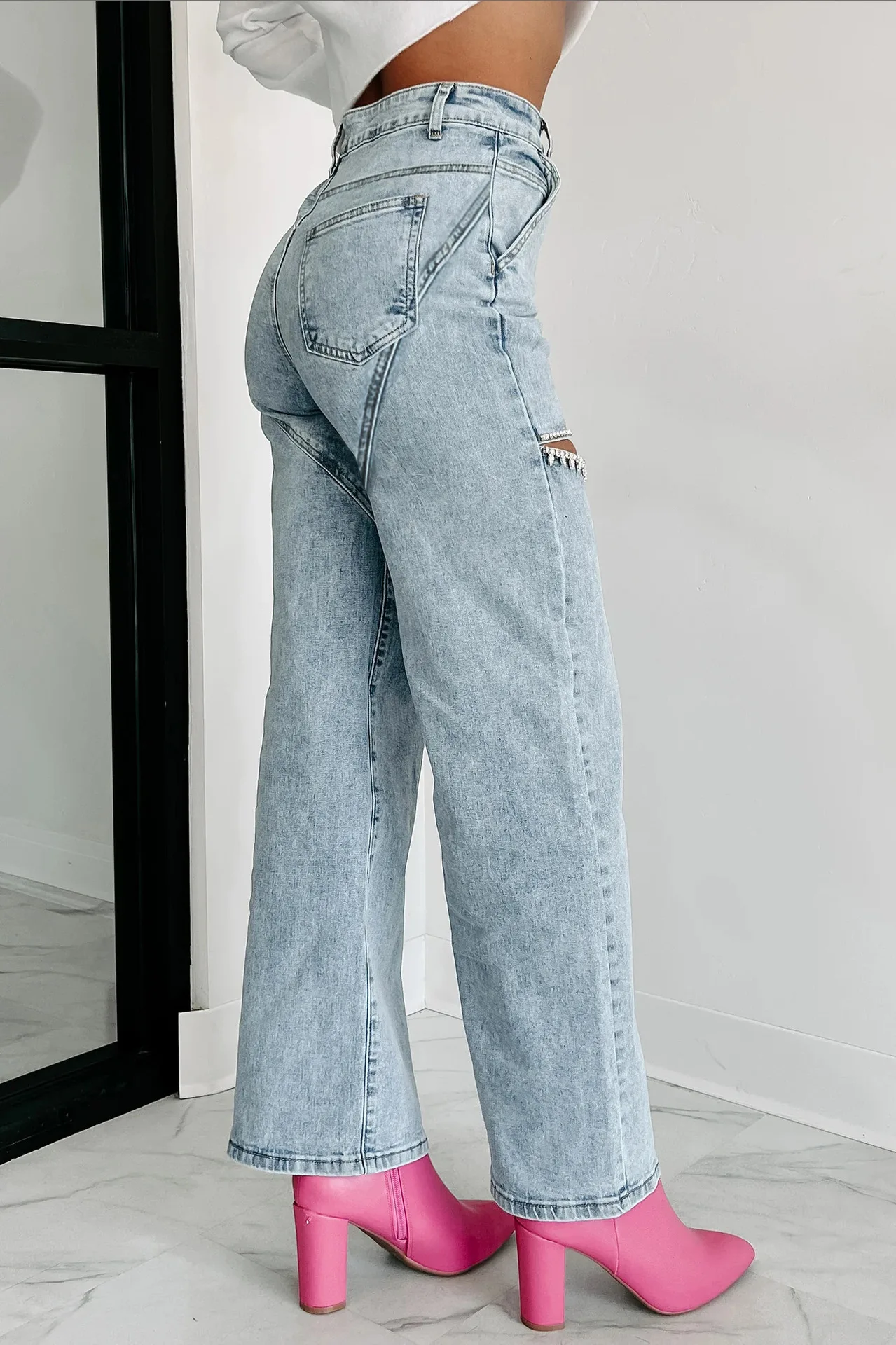 Women Denim Pants Spring Summer  Fashion Rhinestone Hollow Out  Straight Denim Pants Casual Baggy High Waist Wide Leg Jeans
