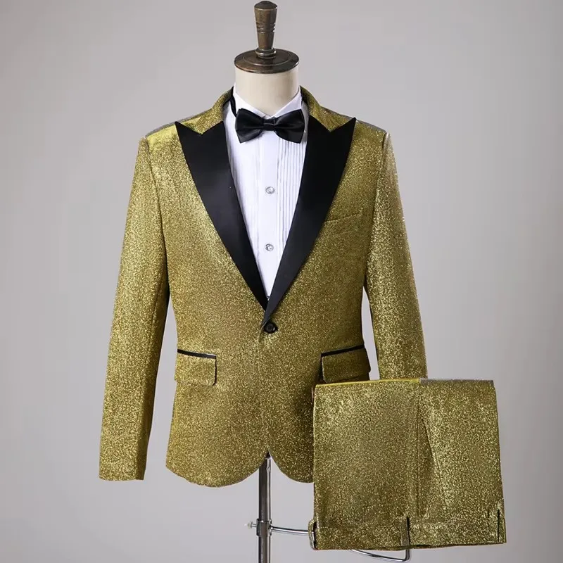 

Men's Bright Silk Stage Suit Gold Silver 2-Piece Blazers And Pants Set Formal Evening Party Host Singer Performance Outfit