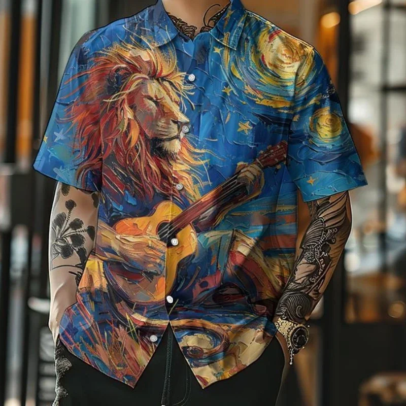 

Новые гавайские рубашки с 3d картиной маслом и животным принтом, свободная мужская рубашка большого размера в стиле ретро, летняя повседневная рубашка с коротким рукавом для мужчин 2025