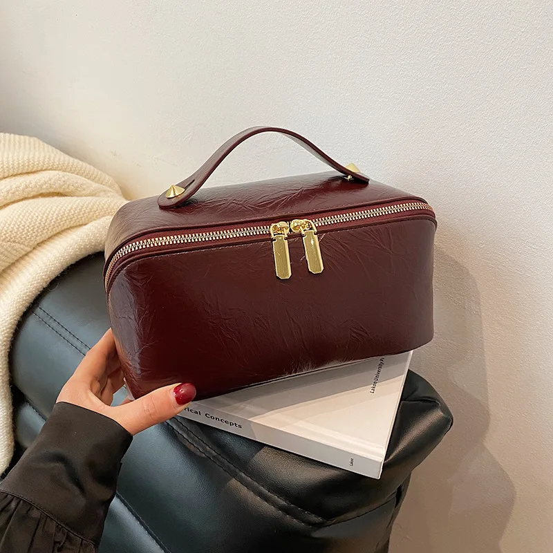 Vintage Brown PU Leather Cosmetic Bag Women Large Capacity Handheld Makeup Organizer Double Zipper Portable Travel Toiletry Bag