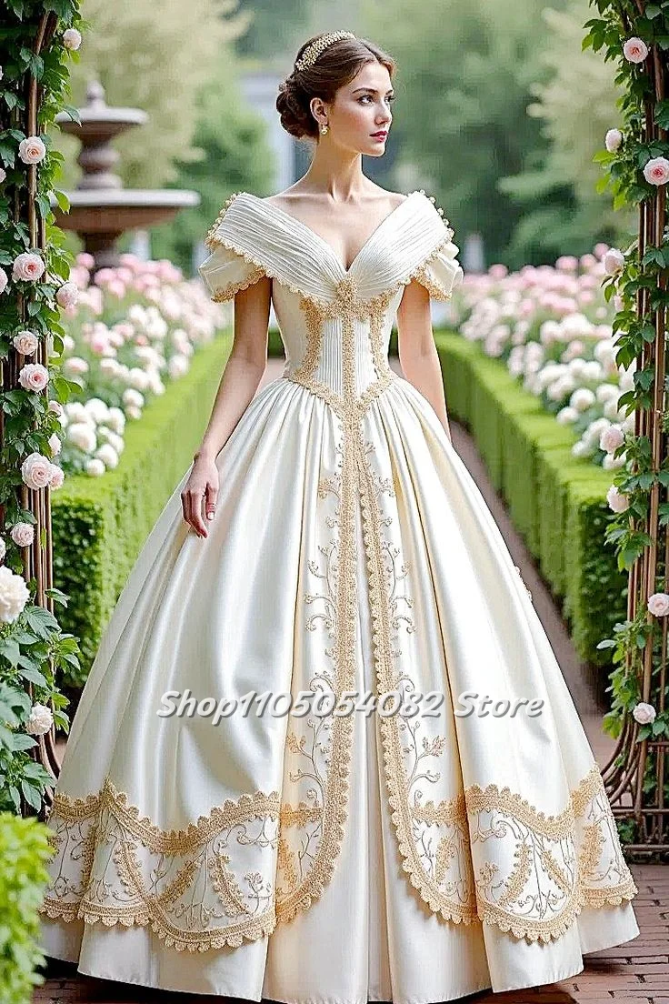 화려한 빅토리아 V 넥 웨딩 드레스 맞춤형 짧은 소매 코르셋 코르셋 골드 레이스 삽입 빈티지 유럽 웨딩 드레스