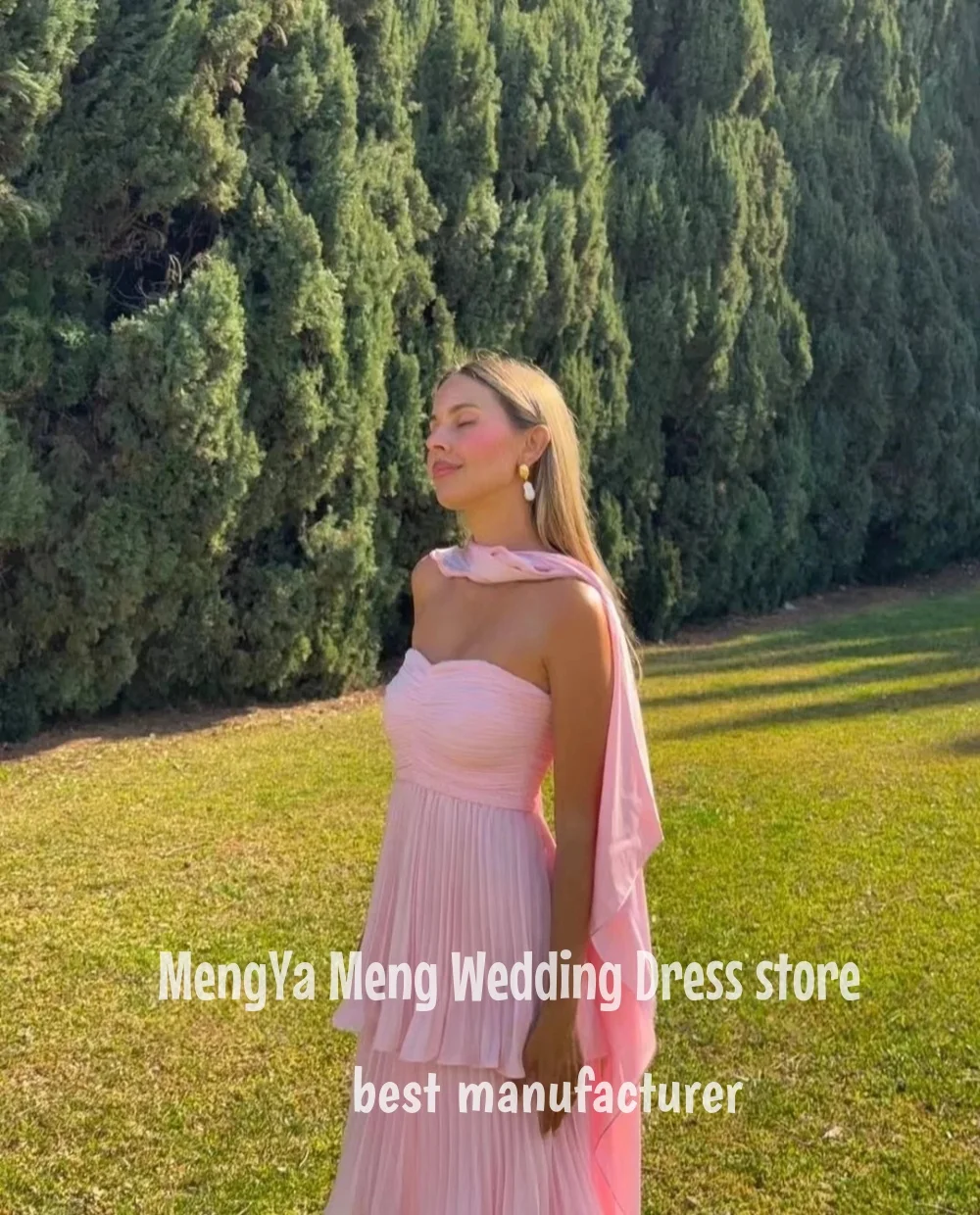 ZHUISHU Gaun Malam Merah Muda Elegan dengan Syal Gaun Koktail Tanpa Tali Panjang Selantai Terbungkus Berjenjang Gaun Pesta Pernikahan Disesuaikan