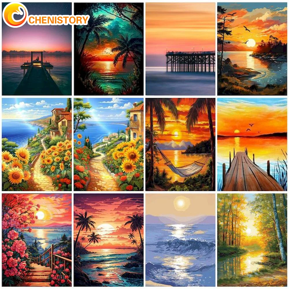 

CHENISTORY Diy Painting By Numbers Sunset Landscape Oil Painting On Canvas Wall Picture By Numbers For Living Room Handmade