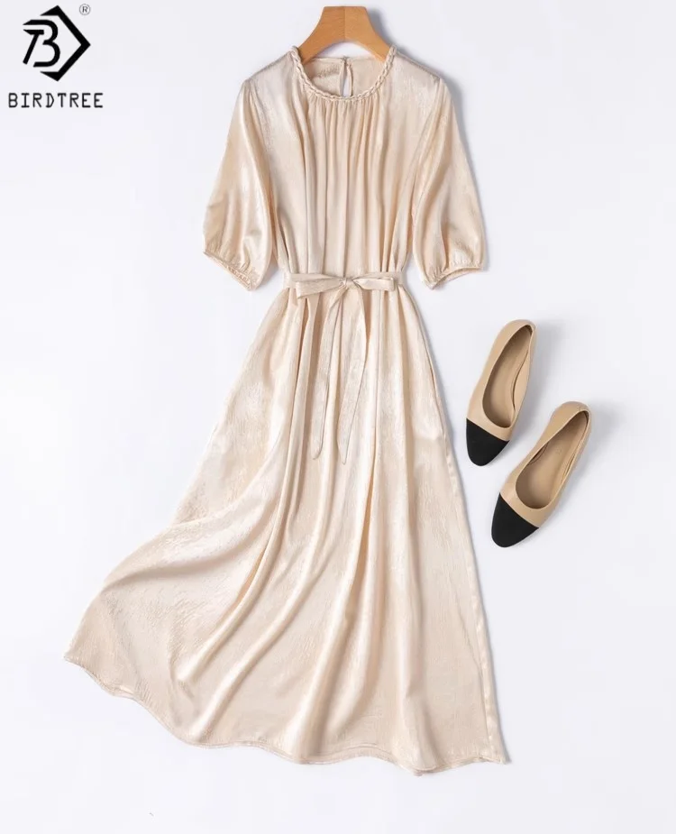 

BirdTree 21MM 93% Mulberry Silk 7% Spandex Beige Dress,Woman Jacquard Satin O-neck Belt Half Sleeve Dresses, 2025 New D57103JF