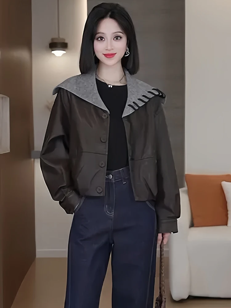 Casual Loose Fit ort Navy Kragen Jaet Damen Faion Künstlerische Sle Leder irt Herbst Neue Ankunft Ele Feel Top