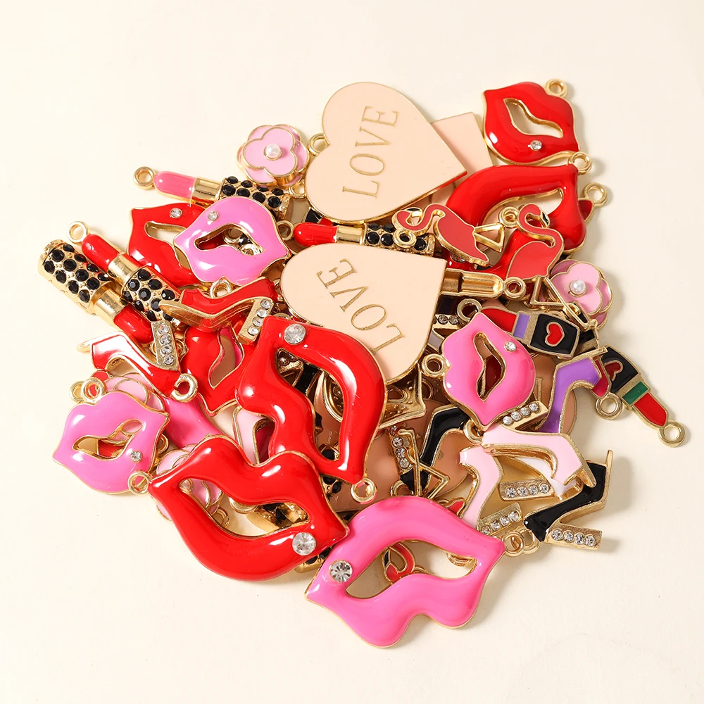 10pcs Sexy Kiss Red Lips Lipstick High-heels Charms for Making Cute Earrings Pendant Necklace DIY Jewelry Making Findings
