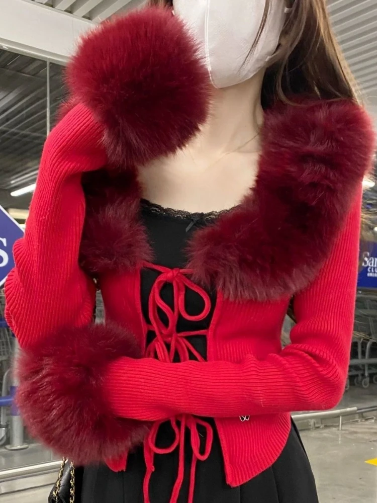 

Women Fur Patchwork Sexy Turn Down Collar Cardigan Vintage Fairy Cropped Sueter Mujer Y2k Aesthetic Bandage Slim Fit Sweaters