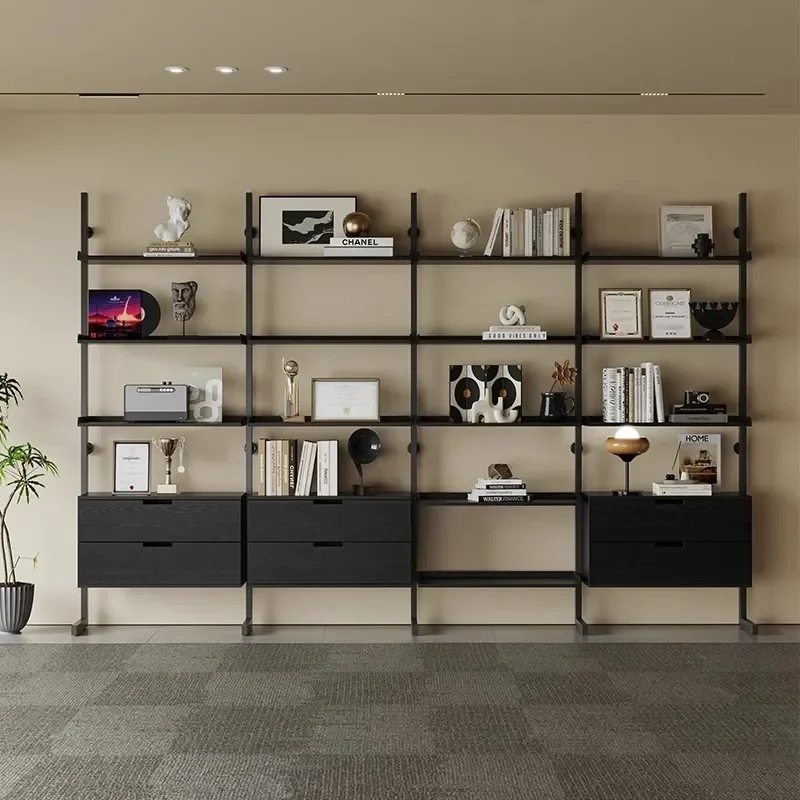Solid Wood Display Cabinet Bookshelf Integrated Against Wall Office Household Floor to Ceiling File Cabinet Layered Shelf